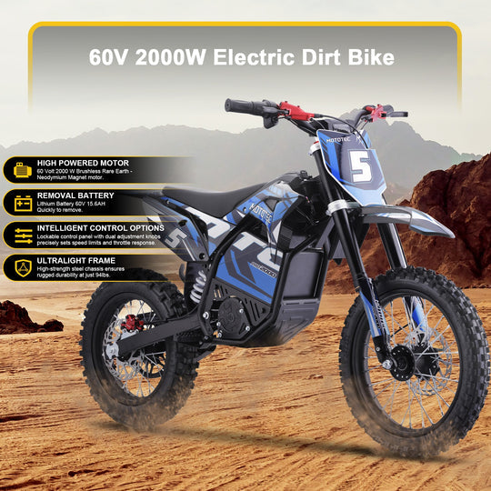 MotoTec Pro 60V/15.6Ah 2000W Off-Road Electric Dirt Bike (HP115E) Blue
